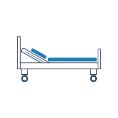 A simple line icon of an empty, adjustable hospital bed with wheels and a blue mattress.