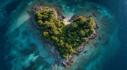 Aerial view of an island in the shape of a heart, surrounded by the ocean and lush back trees. Captured through drone photography, 