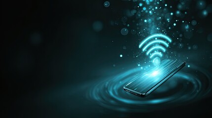 A smartphone emitting a glowing Wi-Fi signal, surrounded by ripples and digital particles, symbolizing wireless connectivity and technology.