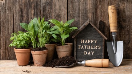 A wooden table with a sign that says Happy Father's Day. There are potted plants and a shovel on the table