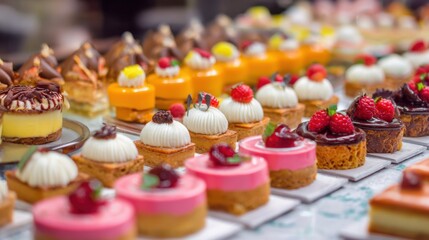 A display of various desserts, including cakes and pastries, with a mix of colors and flavors