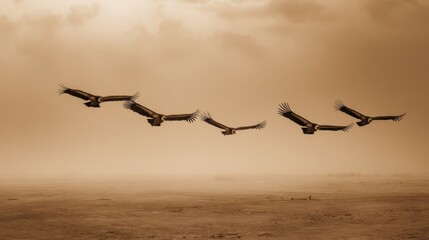 A group of birds flying in a line across a cloudy sky. The birds are in the air and appear to be flying in formation