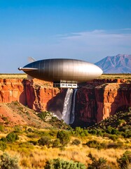 Naklejka premium Airship over a canyon waterfall