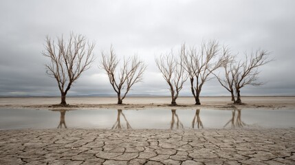 A group of trees are standing in a desert landscape. The trees are bare and the sky is cloudy