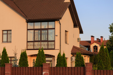 City view, modern buildings against the blue sky.