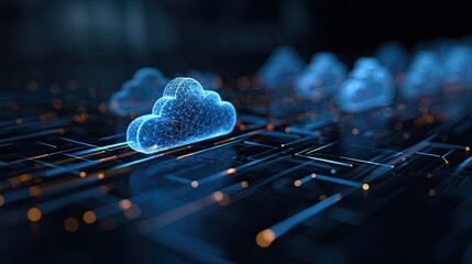 Immerse yourself in the dynamic digital future with glowing blue cloud technology and abstract data streams illuminating the path forward