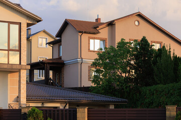 City view, modern buildings and skyscrapers against the blue sky.