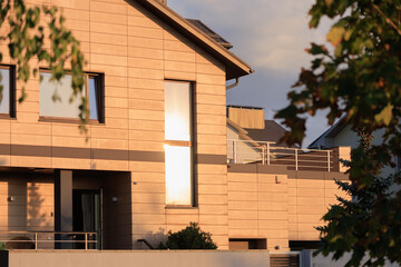 City view, modern buildings and skyscrapers against the blue sky.