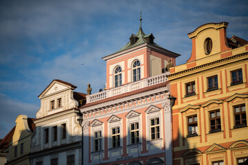 Obraz premium old town hall,detailed facade of a historical building, likely in an older European city like Prague. The architecture appears to be Art Nouveau or a similar style