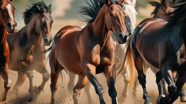 A group of horses are running in a field with a lot of dust. The horses are of different colors, including brown and white