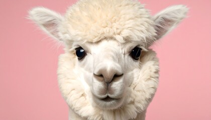 Fototapeta premium Adorable white alpaca with fluffy fur posing against a soft pink backdrop in a cozy studio setting