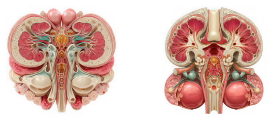 Human kidney anatomy cross section with adrenal glands and testes, isolated on transparent background