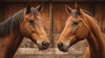 Fototapeta premium Two brown horses are standing next to each other in a barn. They are both looking at the camera, and their eyes are closed. The barn is made of wood and has a rustic feel to it