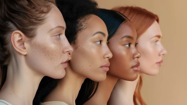 Four women with different skin tones stand side by side. Concept of unity and diversity, celebrating the beauty of different skin colors