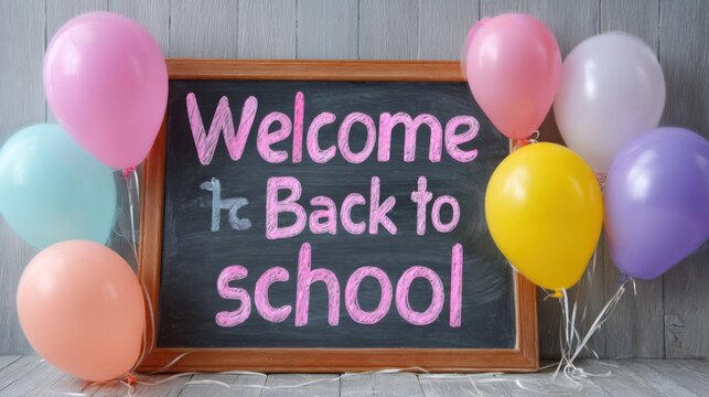 A chalkboard with balloons and the words "Welcome to Back to School" written on it. The balloons are in various colors and are scattered around the board - Powered by Adobe