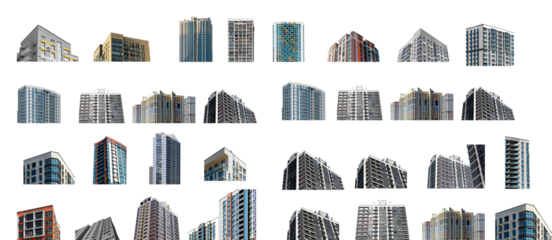 Tall apartment building with modern glass facade in contemporary neighborhood. New multi family