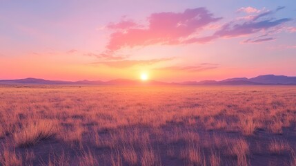 Fototapeta premium A serene landscape featuring a vibrant sunset over a vast field, with scattered clouds and soft grasses, creating a peaceful, natural ambiance.