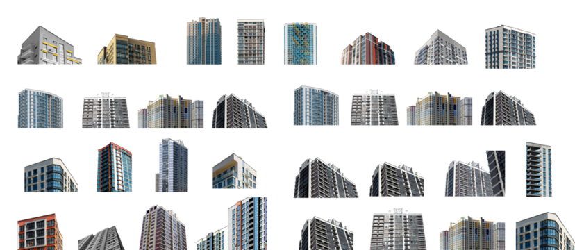 Tall apartment building with modern glass facade in contemporary neighborhood. New multi family