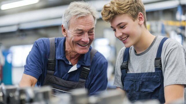 A man and a boy are working together on a project. The man is smiling and the boy is laughing. Scene is happy and friendly