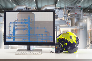 Industrial control station with engineering blueprint on screen, safety helmet, radio, and ear protection in a processing facility. Engineering. Automation. Industry. Safety.