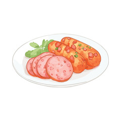 Sliced sausage and cooked links with fresh green garnish on a white plate cooked sausage