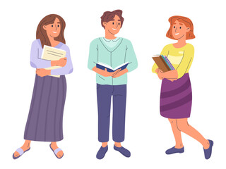 Fototapeta premium Reading characters holding books. Book lovers, young women and man literature fans isolated flat vector illustration set. Cartoon reading people