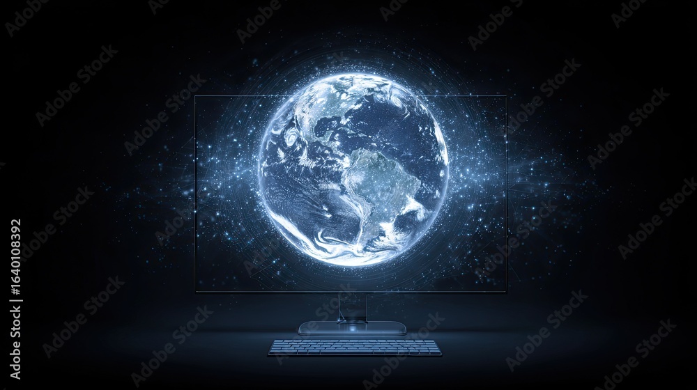 Wall mural stunning digital globe glowing with interconnected data streams displayed on a modern monitor, symbo