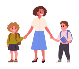 Teacher with kids. Cheerful Kindergarten or elementary school teacher with students, little preschoolers with schoolmaster flat vector illustration. Kids and school teacher