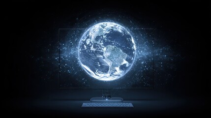 Stunning digital globe glowing with interconnected data streams displayed on a modern monitor, symbolizing global connectivity and advanced technology.