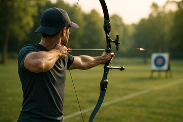 A man in a black t-shirt and cap aims a bow and arrow at a target in a grassy field.
