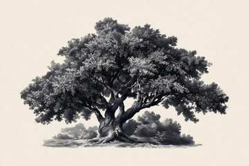 Fototapeta premium An old and majestic oak tree stands proudly, its sprawling branches reaching towards the sky. This image captures the timeless beauty and strength of nature's giants.