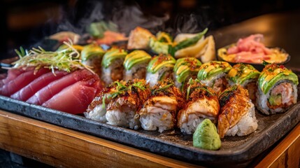 A plate of sushi with a variety of rolls and a piece of raw fish. The sushi is served on a wooden tray