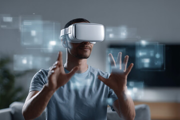 Immersive virtual reality experience, exploring futuristic interfaces. A man is using VR headset and interacting with a digital interface