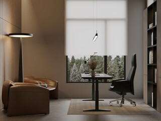 Modern executive office corner with leather lounge chairs, large window view, and ambient lighting.