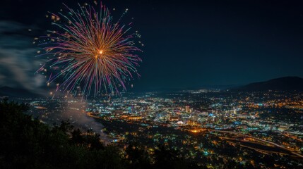 Fototapeta premium A fireworks display lights up the night sky over a city. The fireworks are bright and colorful, creating a festive atmosphere. The city below is illuminated by the fireworks