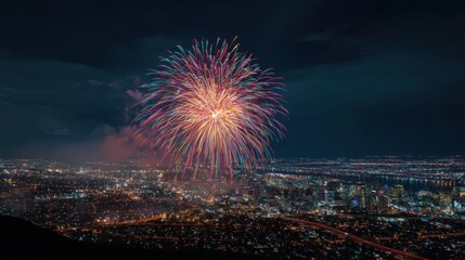 A fireworks display is lit up in the night sky over a city. The fireworks are bright and colorful, creating a festive atmosphere. The city below is illuminated by the fireworks
