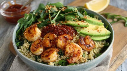 Fototapeta premium A bowl of shrimp and avocado salad with a side of sauce. The bowl is on a wooden table