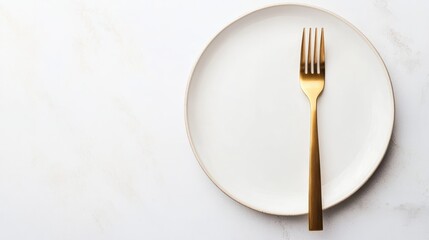A minimalist setting featuring a white plate and a gold fork, emphasizing simplicity and elegance in dining.