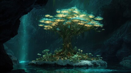 A tree with many leaves and a blue background. The tree is surrounded by water and rocks
