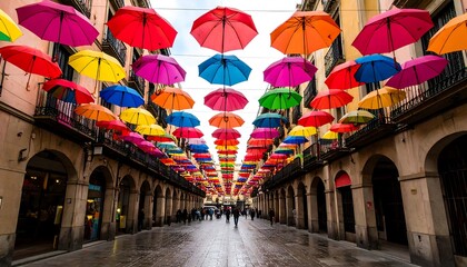 Colorful umbrellas decorate city street
