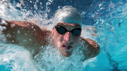 A man in a swimsuit is swimming in a pool. He is wearing goggles and a swim cap