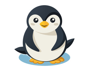 Fototapeta premium Adorable cartoon penguin with big eyes and a yellow beak sits on a blue icy surface