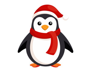 Fototapeta premium Adorable cartoon penguin wearing a festive red santa hat and a cozy red scarf on a transparent background