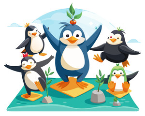 Fototapeta premium Joyful penguins practicing yoga and meditation in a serene natural environment under a bright blue sky
