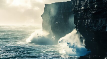 A dramatic coastal scene featuring towering cliffs and crashing waves under a misty sky, showcasing the power of nature.