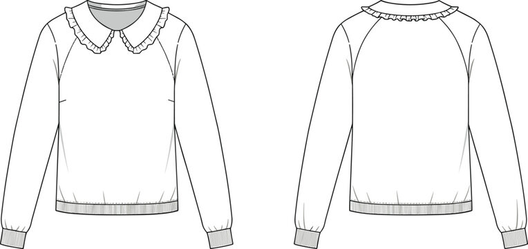 Technical fashion flat sketch of women’s sweatshirt with ruffled Peter Pan collar, front and back views, vector garment design template