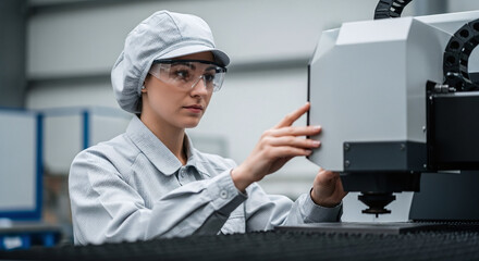 Woman in cleanroom attire operating advanced manufacturing equipment