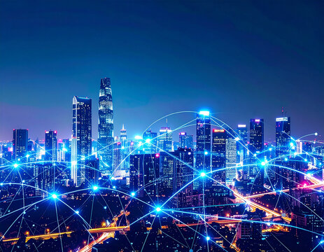 Futuristic city skyline illuminated by glowing blue network connections symbolizing digital technology and global connectivity