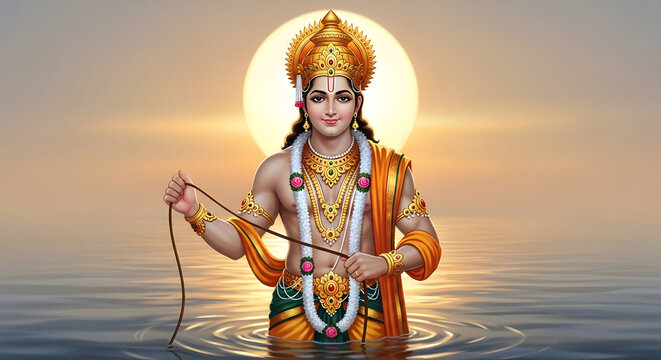 Lord Varuna hindu god standing in water holding rope