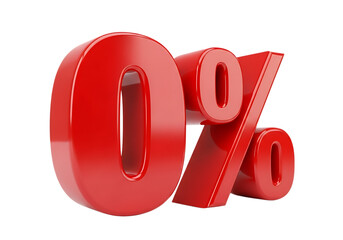 Red glossy zero percent sign isolated on transparent background, representing a discount or special offer